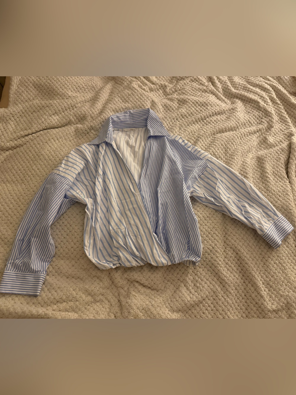 Zara Blue & White Mixed-Stripe Wrap Button-Up Shirt